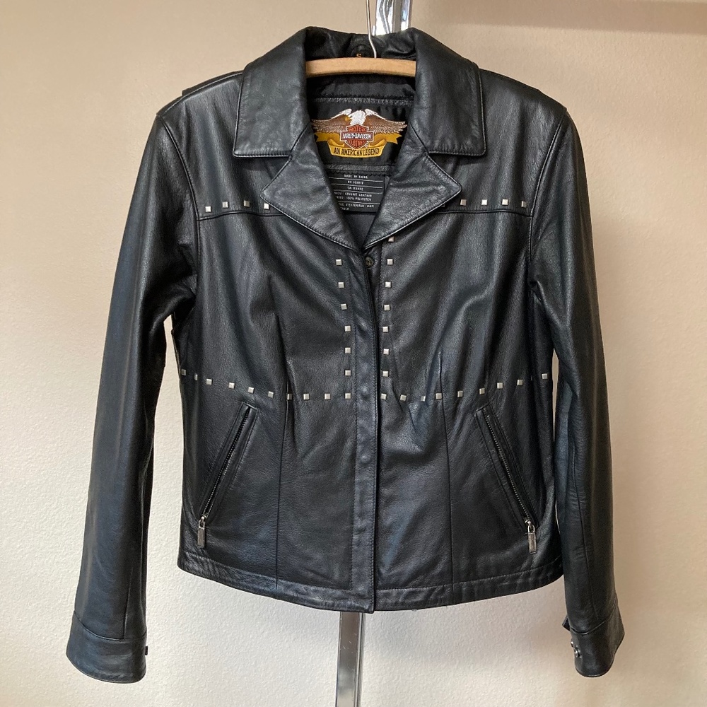 Harley Davidson Black Leather Women's Jacket Small Studded Snap Close